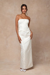 Melva White Satin Jacquard Two-Piece Bustier Maxi Dress