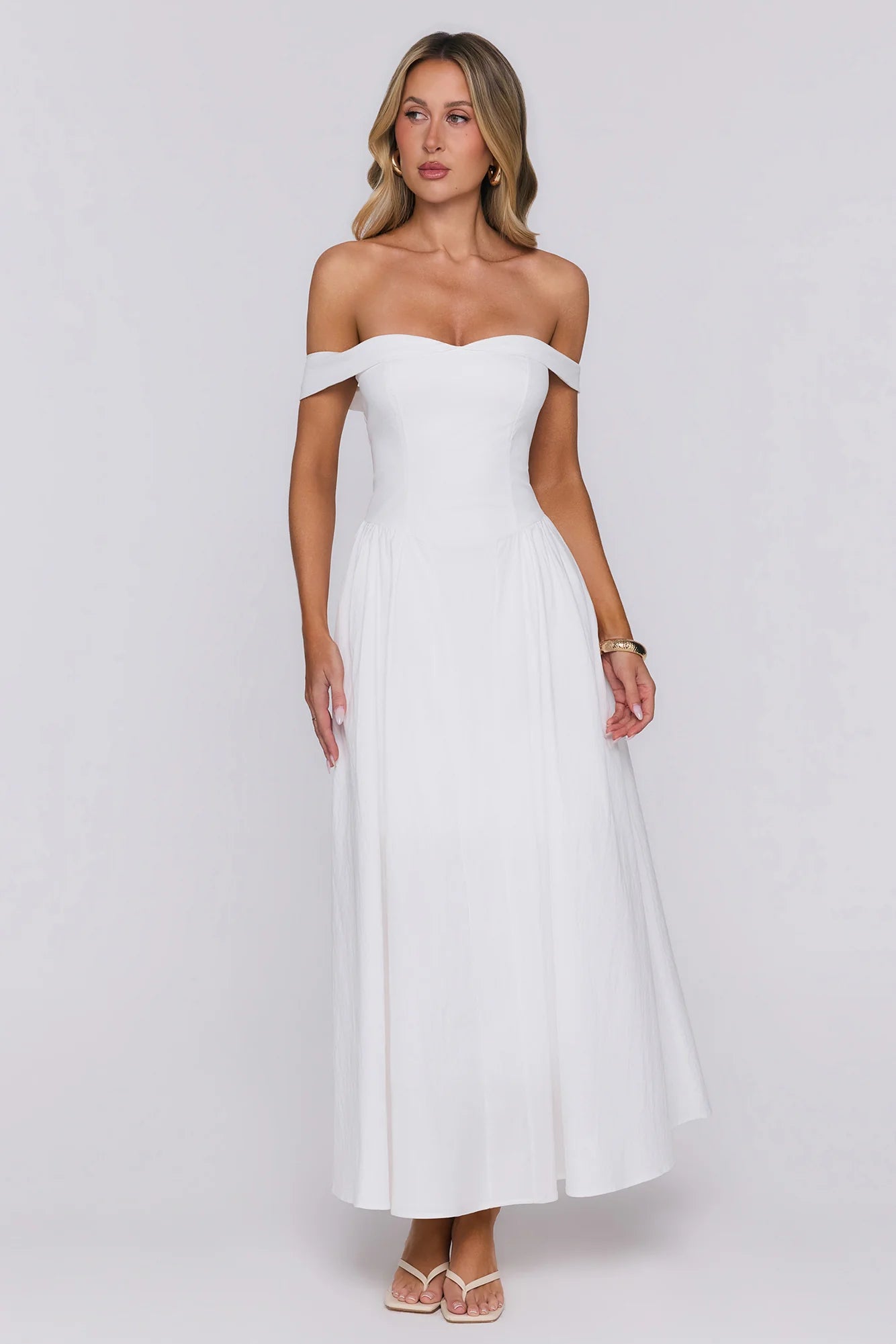 Polished Darling Off Shoulder Maxi Dress White