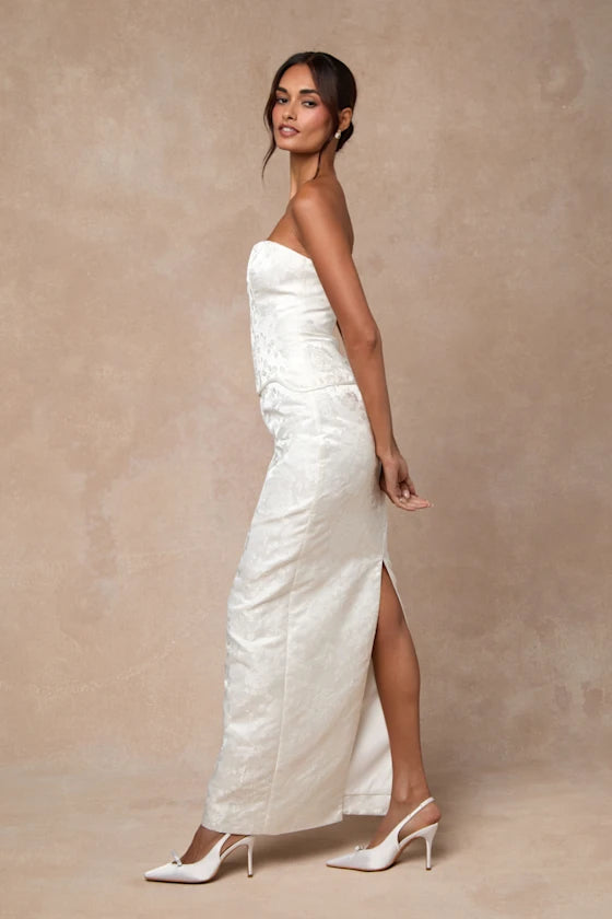 Melva White Satin Jacquard Two-Piece Bustier Maxi Dress