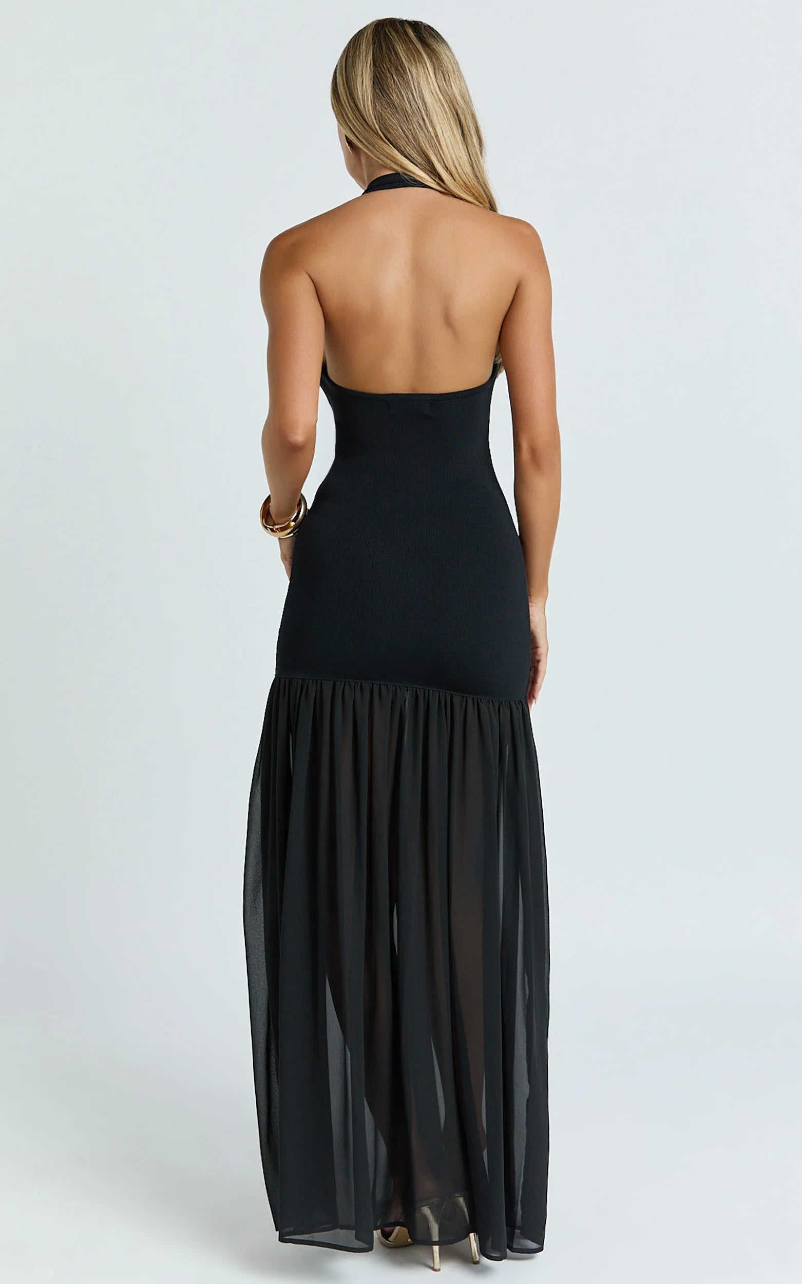 Halter Scoop Neck Contrast Georgette Dress in Black