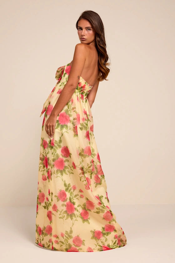 Ember Light Yellow Floral Organza Strapless Maxi Dress
